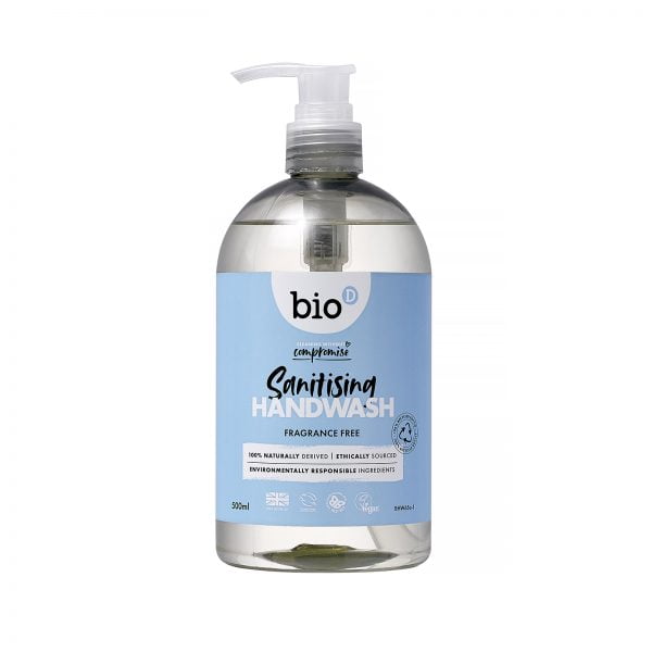 Bio-D Sanitising Hand Wash (fragrance free) – 500ml With Pump