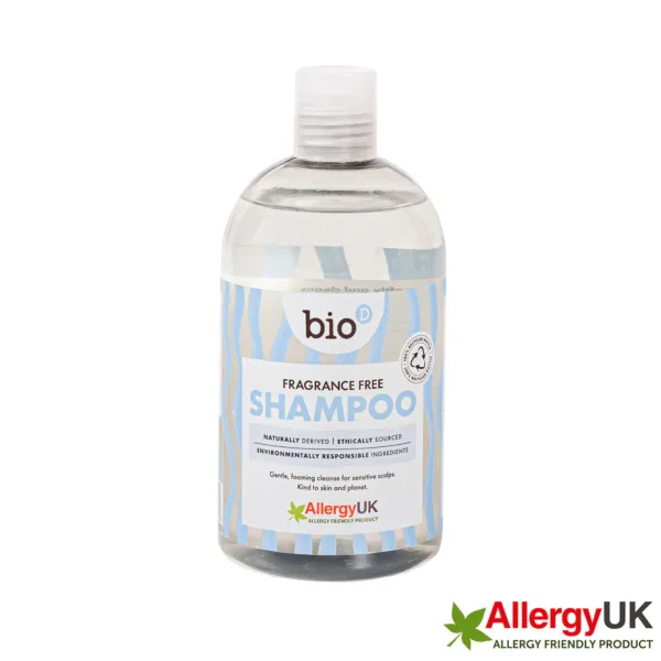 Bio-D fragrance free shampoo 500ml bottle front view with Allergy UK Allergy Friendly Product logo