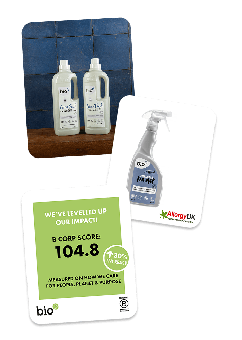 Bio-D product range with B Corp score of 104.8 showing 30 percent increase and Allergy UK certification