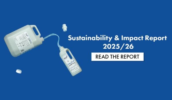 Bio-D Sustainability and Impact Report 2025/26 promotional banner with product bottles and Read the Report button